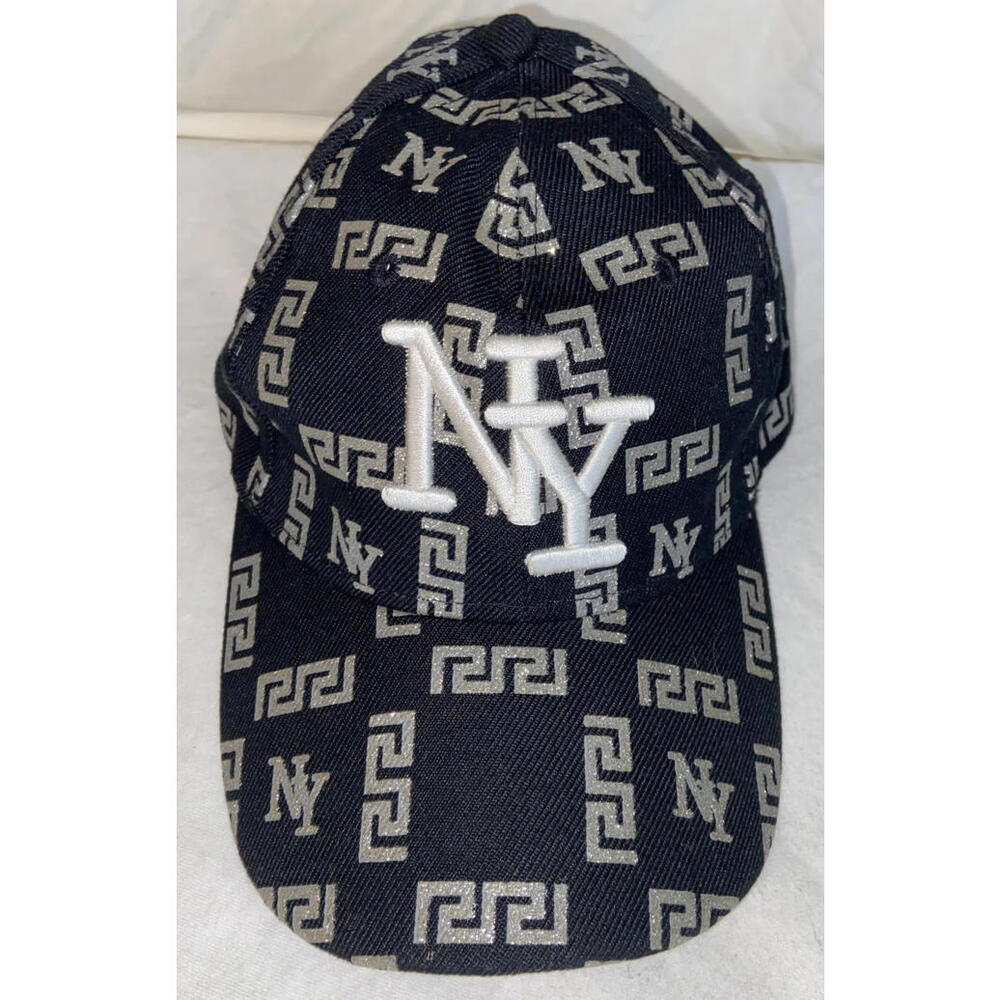 NY New York Logo All Over Print Flat Bill Fitted Size 7-1/4” Ball Cap Black